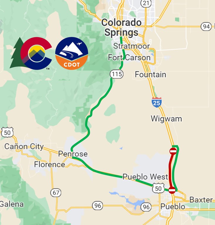 CO 115 from Penrose to Colorado Springs. US 50 to Pueblo detour map