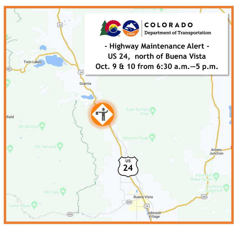 Highway Maintenance Alert for US 24 north of Buena Vista on October 9 and 10 project map.