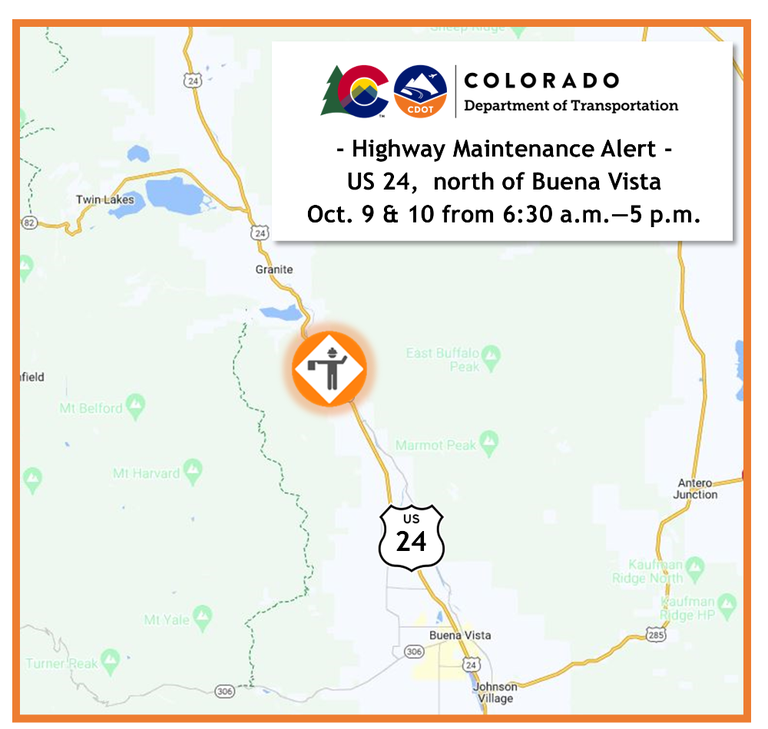 Highway Maintenance Alert for US 24 north of Buena Vista on October 9 and 10 project map Highway Maintenance Alert for US 24 north of Buena Vista on October 9 and 10 project map.