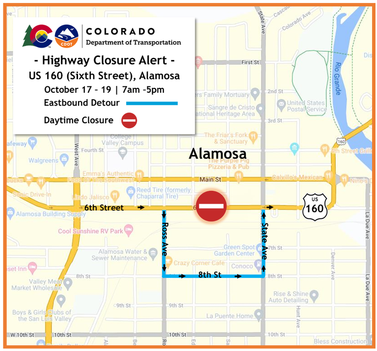 US 160 sixth street in Alamosa detour map US 160 sixth street in Alamosa detour map
