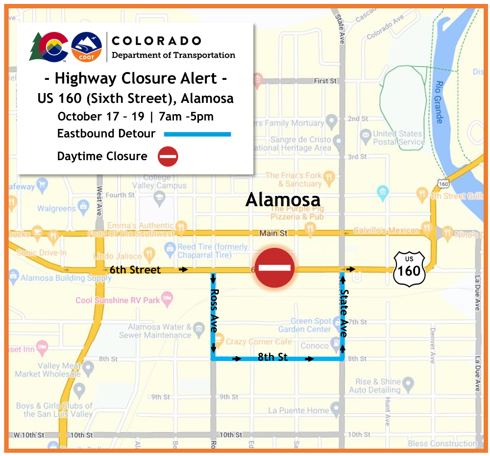 US 160 sixth street in Alamosa detour map.png detail image