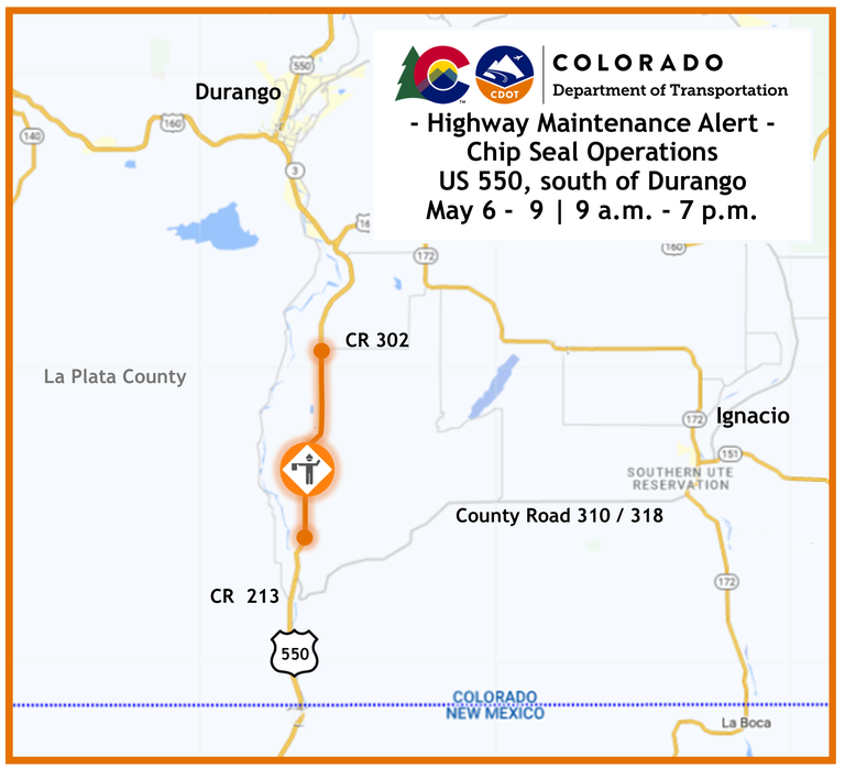 Colorado Department of Transportation Maintenance Alert Map of Chip Seal Operations on US Highway 550, south of Durango, May 6 through 9 from 9 a.m. to 7 p.m.