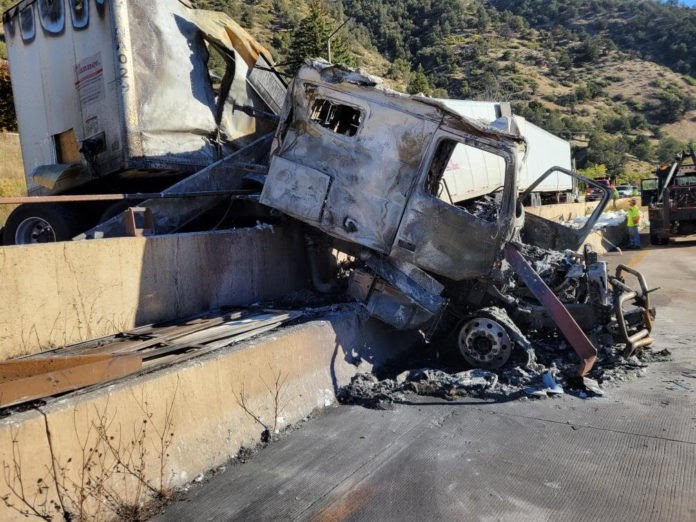 Crashed commercial motor vehicle on I-70 in Glenwood Canyon at Mile Point 119 on Oct. 12, 2022