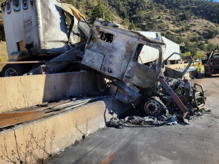 Crashed commercial motor vehicle on I-70 in Glenwood Canyon at Mile Point 119 on 101222.jpg detail image
