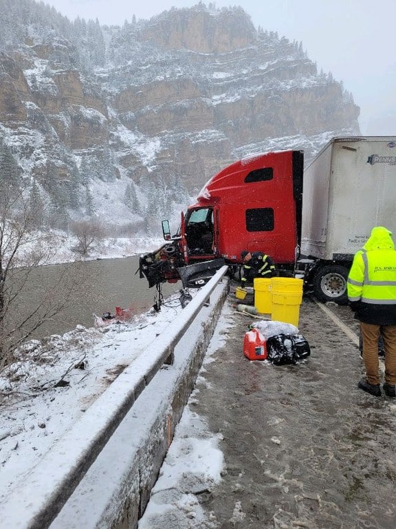 Crashed commercial motor vehicle on I-70 in Glenwood Canyon on April 12, 2022