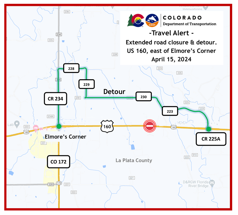 Colorado Department of Transportation detour map of US 160 highway closure east of Elmore's Corner. 