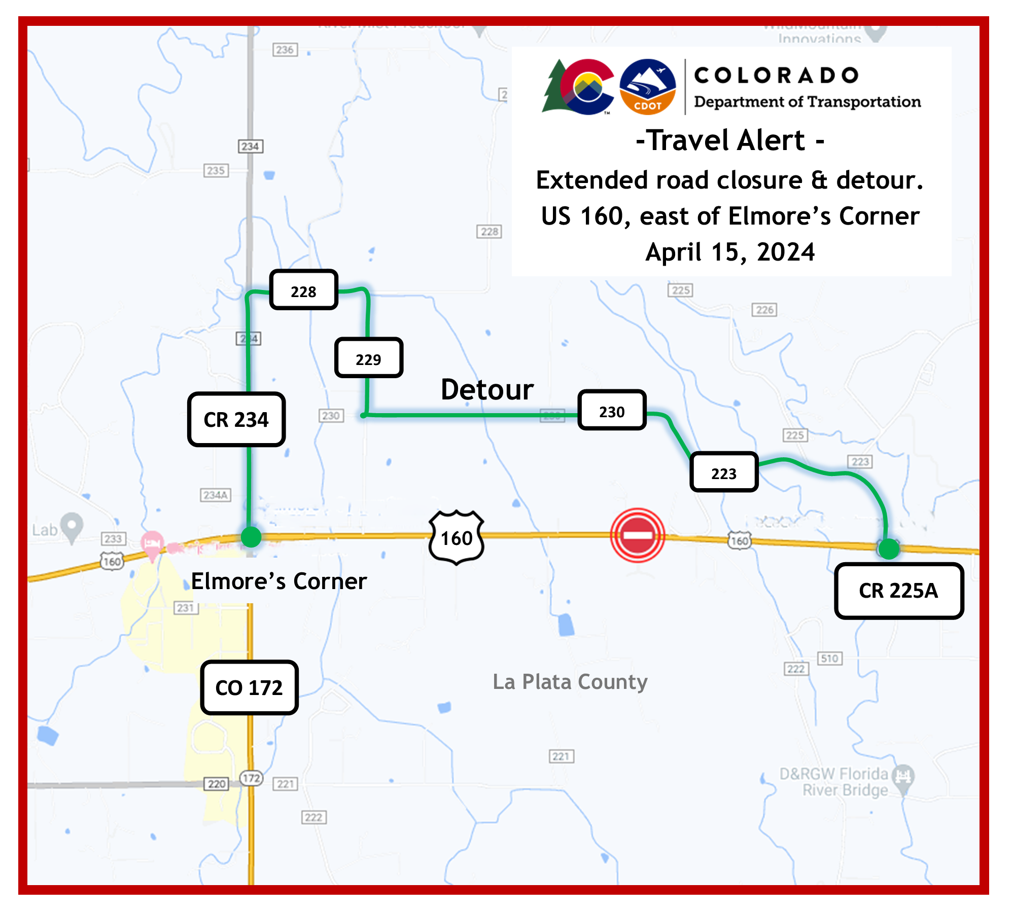Detour map of US 160 highway closure east of Elmore's Corner.png detail image