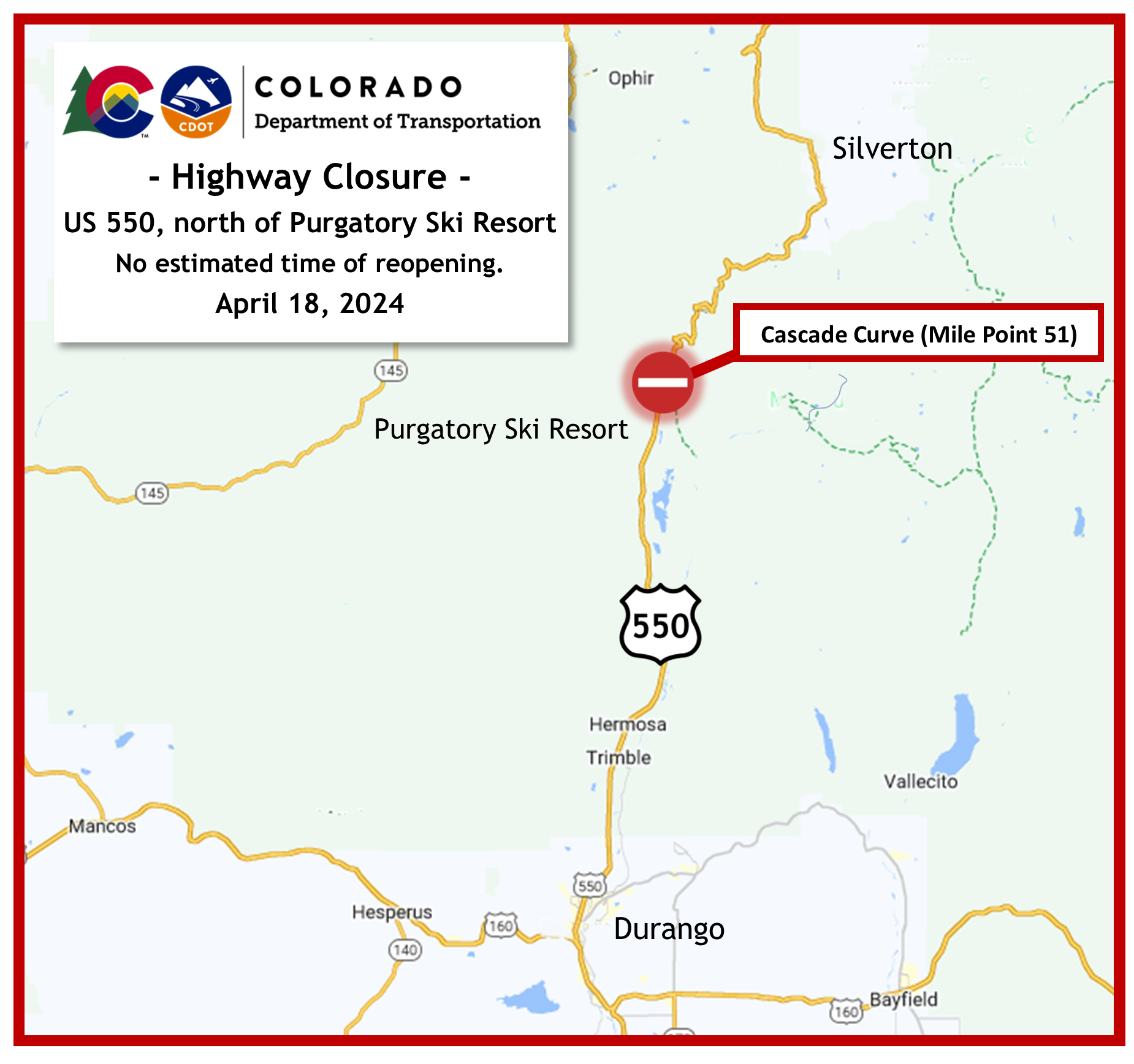 Highway Closure Map of scheduled closure on April 18 on US 550.png detail image
