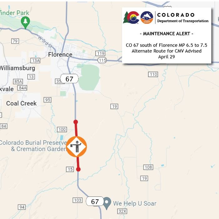 Maintenance Alert map of CO 67 south of Florence on April 29