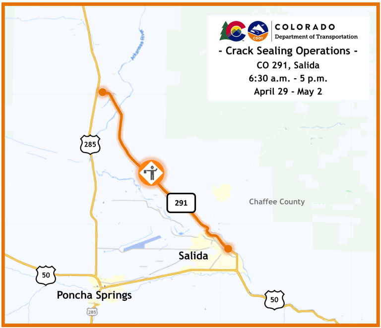 Maintenance Alert map of crack sealing operations on CO 291, north of Salida, April 29 through May 2 from 630 a.m. to 5 p.m.