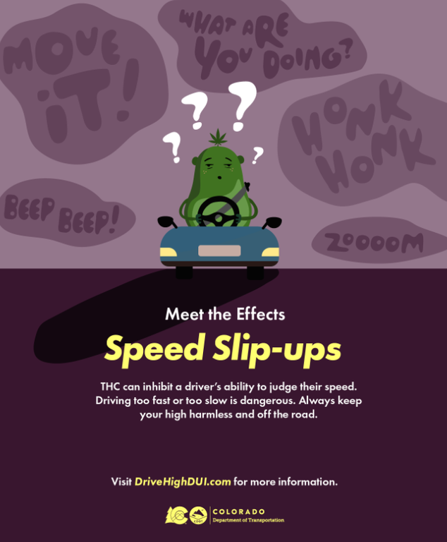 Meet the Effects Speed Slip Ups graphic. CDOT’s new ad campaign will highlight the impairing effects of cannabis.