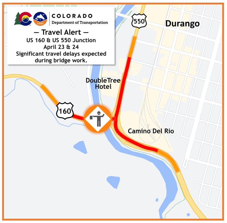 US 550 and US 160 Junction maintenance bridge repair map near the Doubletree Hotel in Durango April 23 and April 24