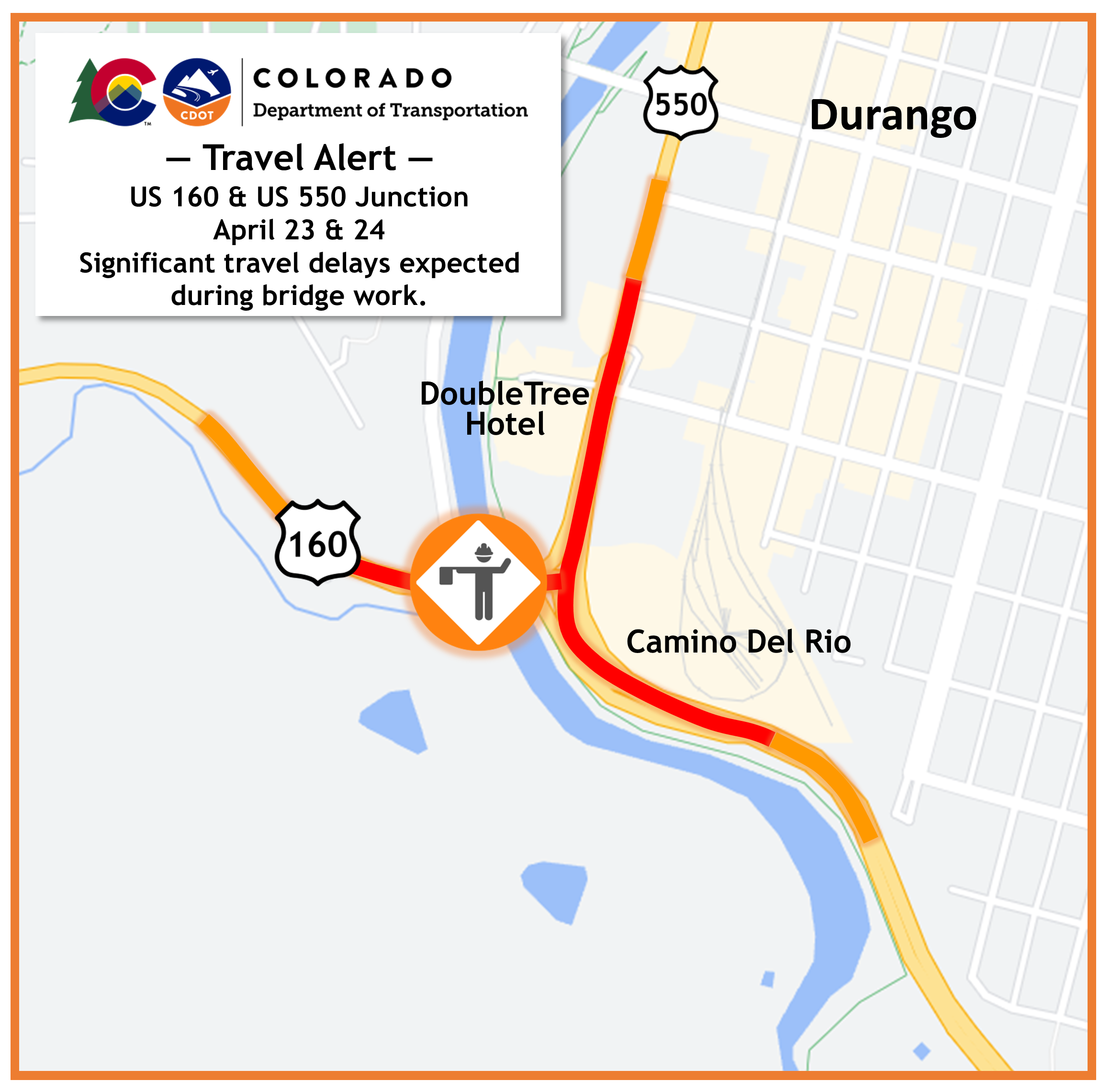 US 550 and US 160 Junction maintenance bridge repair map near the Doubletree Hotel in Durango April 23 and April 24.png detail image