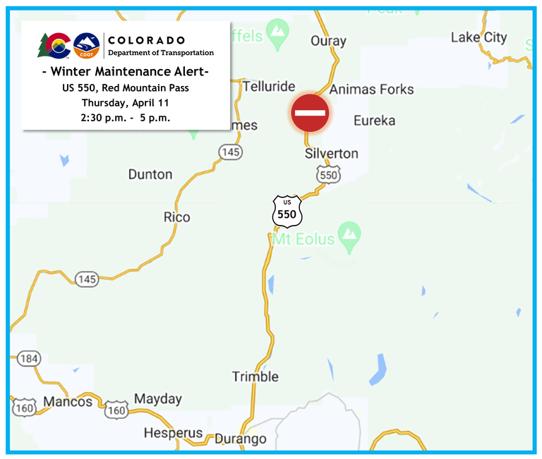 Winter maintenance alert map of closures taking place on US 550 Red Mountain Pass on Thursday, April 11 between 230 p.m. and 5 p.m. 
