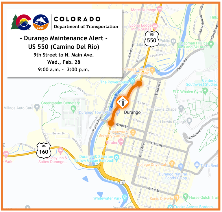 Motorists traveling through Durango on US 550 Camino del Rio will encounter lengthy delays between 9th Street to N. Main Ave. Be prepared for lane shifts and traffic congestion while CDOT performs electrical work at the 12th Street pedestrian crosswalk on Feb. 28.