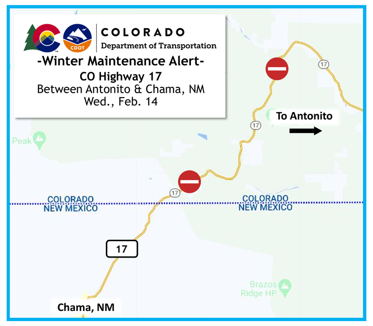 Colorado Department of Transportation winter maintenance alert map of closures taking place Wednesday, February 14 on CO 17 between Antonito and Chama, NM.