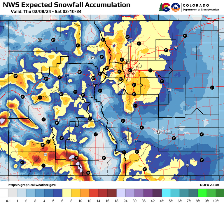 Colorado Department of Transportation and National Weather Service expected snowfall accumulation map showing highway totals Thursday, February 8 through Saturday, February 10.
