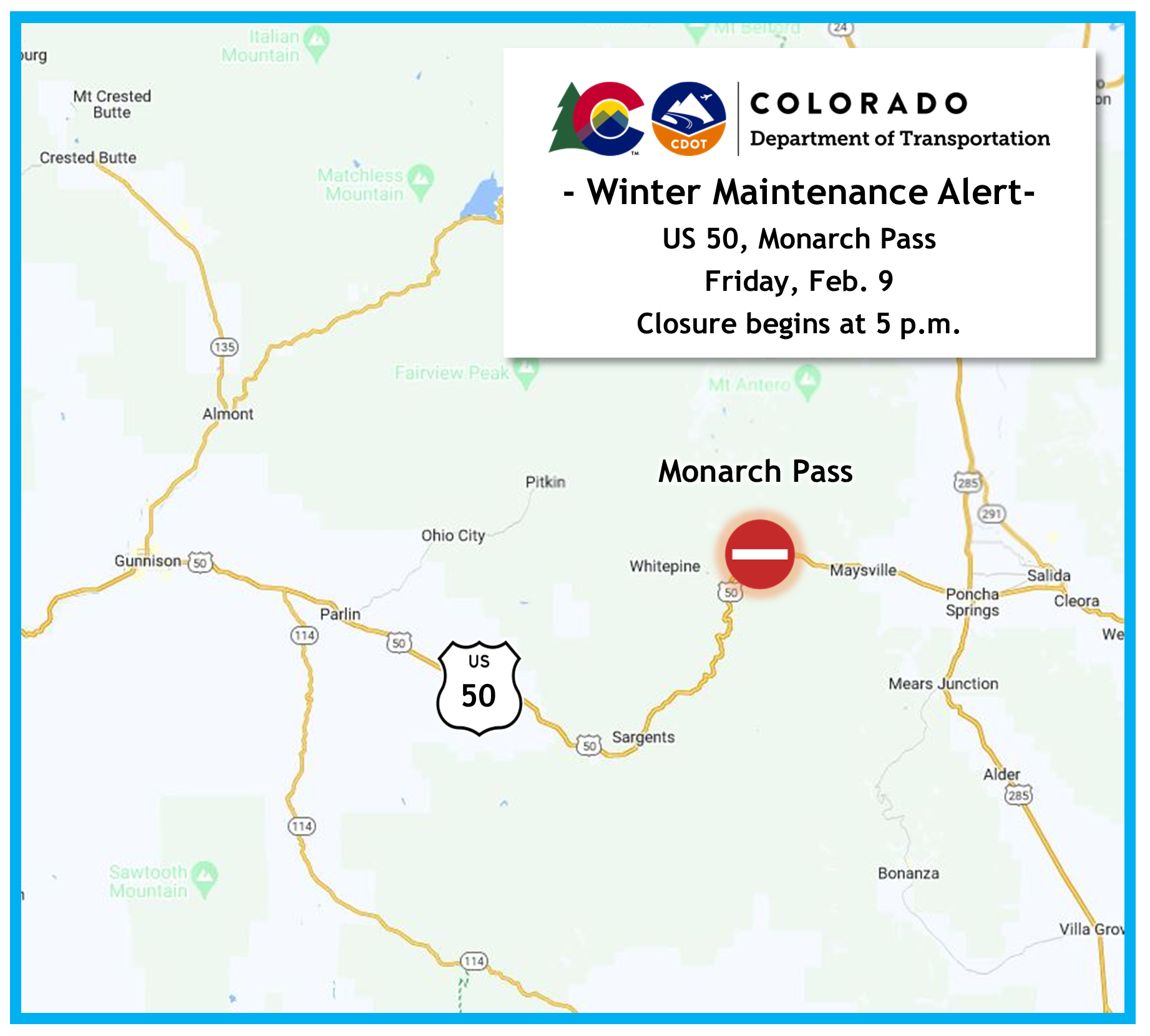 US 50 Monarch Pass winter maintenance alert map.png detail image