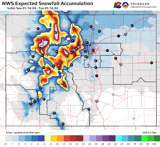 National Weather Service projected snowfall for January 14 detail image