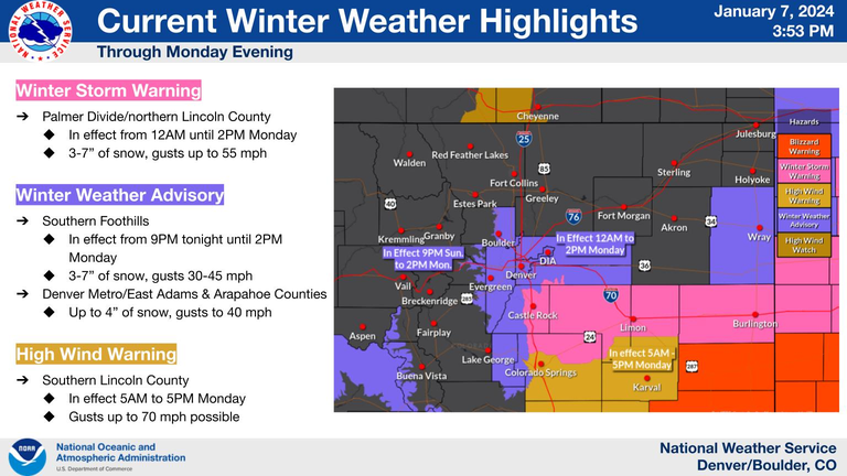 Winter Weather Highlights map for Jan. 7 and 8
