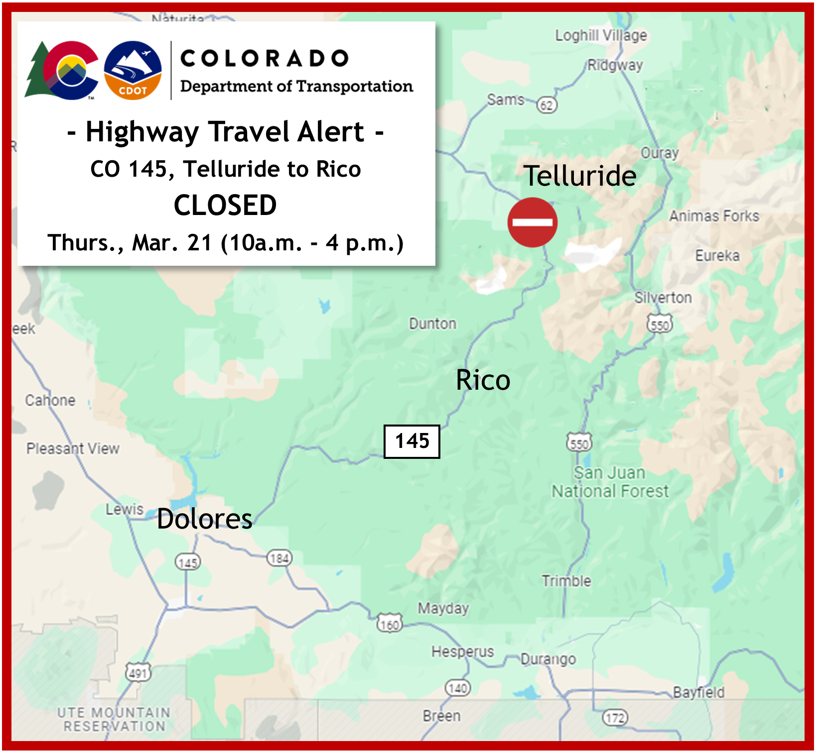Highway Travel Alert CO 145 Telluride to Rico closure map for 032124.png detail image