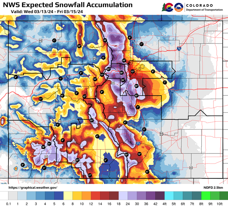 National Weather Service Expected Snowfall Accumulation map for March 12 to March 14 2024