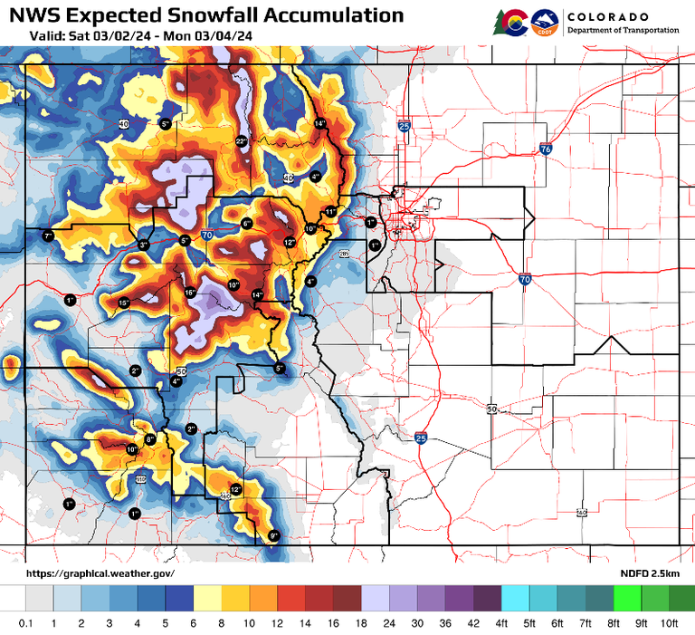 National Weather Service Expected Snowfall Accumulation map for 030224 to 030424