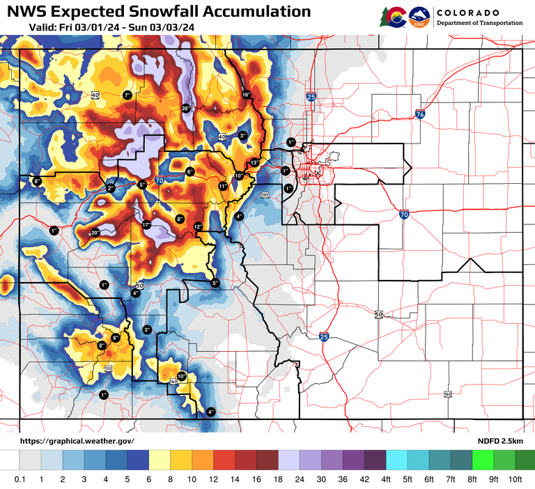 National Weather Service map showing expected snowfall accumulation for March 3