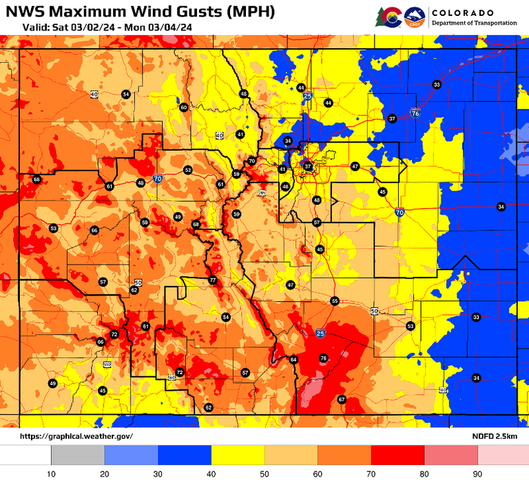 National Weather Service Maximum Wind Gusts map for March 2 thru March 4