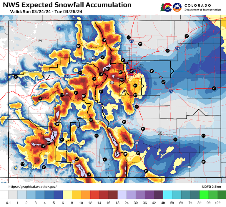 National Weather Service map of expected snowfall accumulations for Sunday, March 24 through Tuesday, March 26 