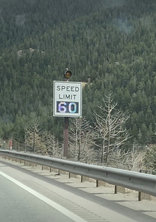 Image One of 26 variable speed limit signs installed on both sides of  eastbound I-70 between Georgetown and Idaho Springs. 