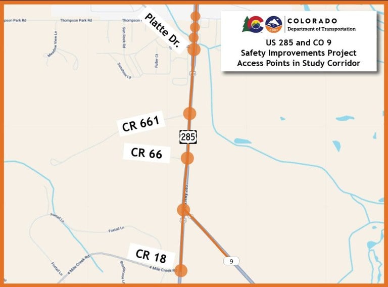 A map of Safety Improvements Project Study Corridor access points in the US 285 and CO 9 near Fairplay. A map of Safety Improvements Project Study Corridor access points in the US 285 and CO 9 near Fairplay.