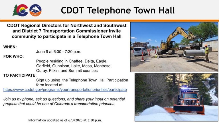 Graphic provides information on CDOT hosting a telephone town hall June 9 Graphic provides information on CDOT hosting a telephone town hall June 9