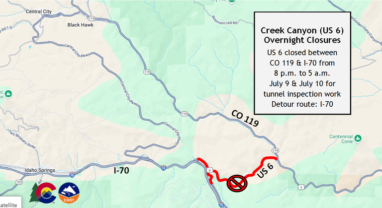 Map showing US 6 closed between CO 119 and I-70 from 8 p.m. to 5 a.m. July 9 & 10 for tunnel inspection work. The detour route is I-70. Map showing US 6 closed between CO 119 and I-70 from 8 p.m. to 5 a.m. July 9 & 10 for tunnel inspection work. The detour route is I-70.
