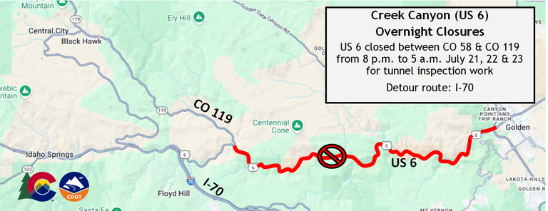 Map showing US 6 closed between CO 58 & CO 119 from 8 p.m. to 5 a.m. July 21, 22 & 23 for tunnel inspection work. The detour route is I-70. Map showing US 6 closed between CO 58 & CO 119 from 8 p.m. to 5 a.m. July 21, 22 & 23 for tunnel inspection work. The detour route is I-70.