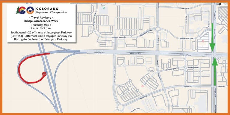 Closure and detour map of I-25 and Interquest Parkway in north Colorado Springs Map of Interstate 25 and Interquest Parkway in north Colorado Springs indicating May closure of the southbound I-25 off-ramp to eastbound Interquest Parkway at Exit 153. Alternate route - Voyager Parkway via North Gate Boulevard or Briargate Parkway.
