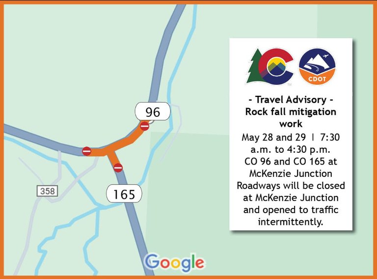 Map of CO Highway 96 and CO Highway 165 at McKenzie Junction in Custer County where crews will perform rock fall mitigation work. Map of CO Highway 96 and CO Highway 165 at McKenzie Junction in Custer County where crews will perform rock fall mitigation work.
