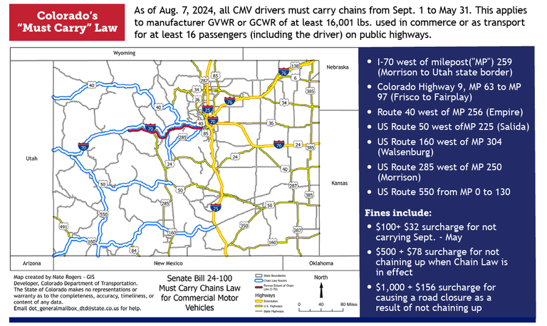 Map of roads where CMVs must carry chains or alternative traction devices (ATDs) Map of roads where CMVs must carry chains or alternative traction devices (ATDs) regardless of current weather, including sections of I-70, Colorado Highway 9 and US Routes 40, 50, 160, 285 and 550