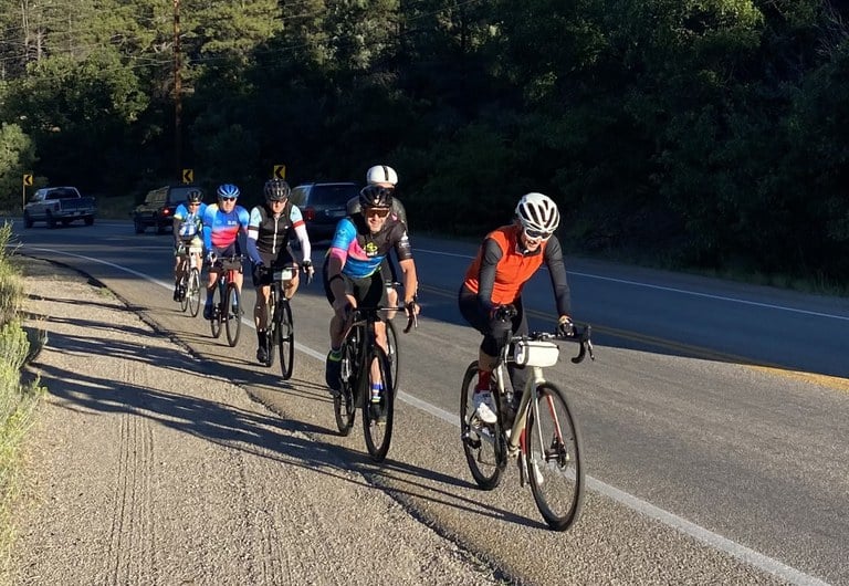 Colorado's Ride cyclists riding single file along US Highway 160 is southwest Colorado