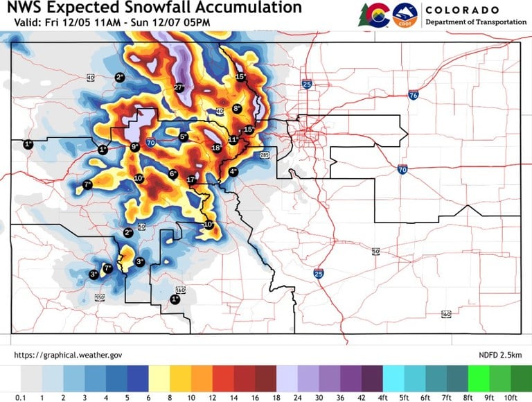 Expected snowfall from Friday, Dec. 5, to Sunday, Dec. 7.