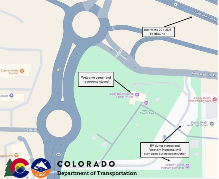 Map of the Fruita Welcome Center location which will undergo renovations from June 2025 to February 2026 Map of the Fruita Welcome Center location which will undergo renovations from June 2025 to February 2026. The RV dump station and Vietnam Memorial will stay open during construction.
