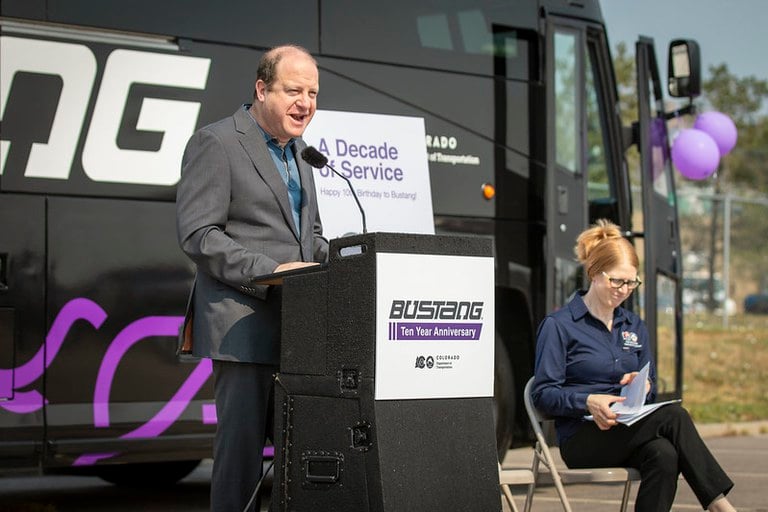Gov. Polis and CDOT Executive Director Shoshana Lew speak to event attendees at CDOT Headquarters. Gov. Polis and CDOT Executive Director Shoshana Lew speak to event attendees at CDOT Headquarters.