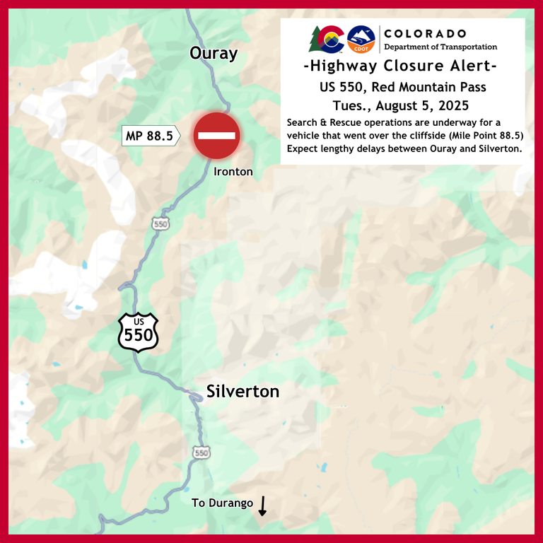 Highway Closure Alert Map of the extended closure on US 550 Red Mountain Pass at Mile Point 88.5 on Tuesday, August 5 Colorado Department of Transportation Highway Closure Alert Map of the extended closure on US 550 Red Mountain Pass at Mile Point 88.5 on Tuesday, August 5.