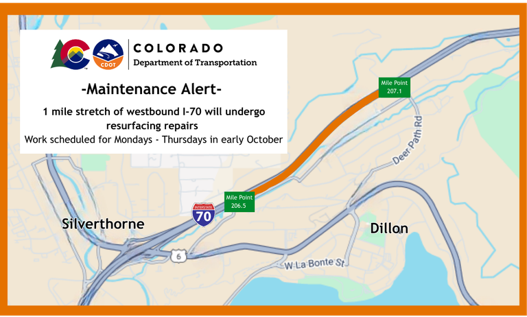 Maintenance Alert: one mile stretch of westbound I-70 will undergo resurfacing repairs Work scheduled for Mondays through Thursdays in early October 2025