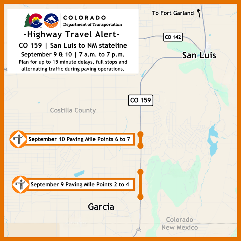 Colorado Department of Transportation Highway Travel Alert map of paving operations on CO 159 between San Luis and the Colorado - New Mexico state line taking place September 9 and 10 between 7 a.m. and 7 p.m. each day.