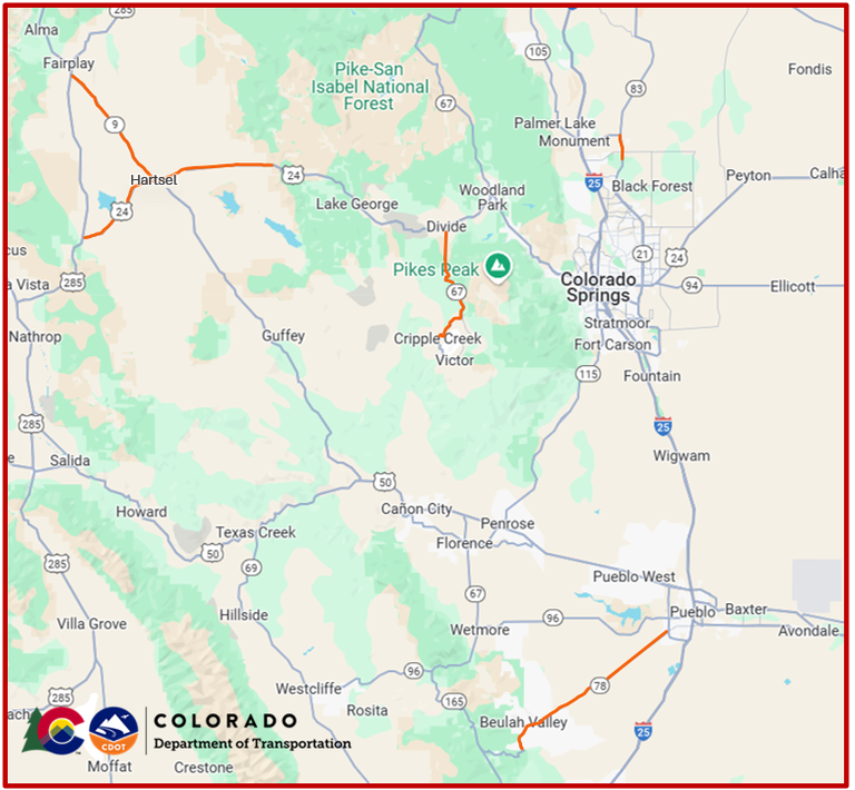 Map of the Colorado Central Front Range identifying work zones on CO 9, US 24, CO 67, CO 83 and CO 78