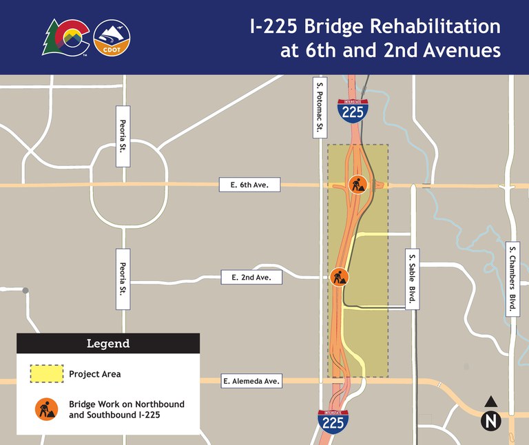 Map of I-225 bridge rehabilitation project area along I-225 from 6th to Alameda avenues.