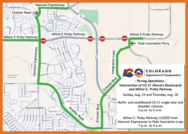 Map work zone for paving operations at CO Highway 21 and Milton E. Proby Parkway in eastern Colorado Springs. Map work zone for paving operations at CO Highway 21 and Milton E. Proby Parkway in eastern Colorado Springs. Detour route identified in green.