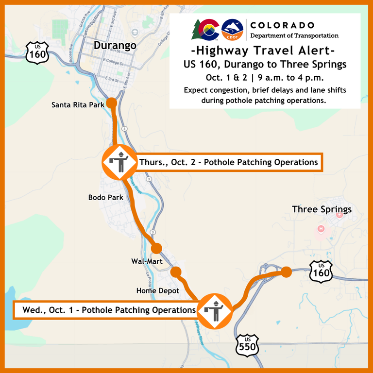 Colorado Department of Transportation Highway Alert Map of delays on South Camino Del Rio (US 160) for pothole patching operations Oct. 1 and 2 between 9 a.m. and 4 p.m.