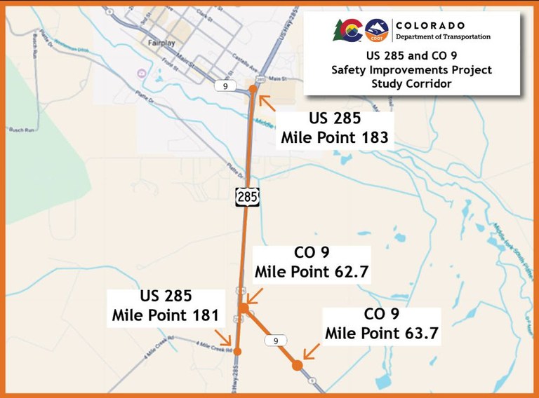 Map of US Highway 285 near Fairplay indicating the Study Corridor for the US 285 and CO 9 Safety Improvements Project Map of US 285 near Fairplay Study Corridor.jpg